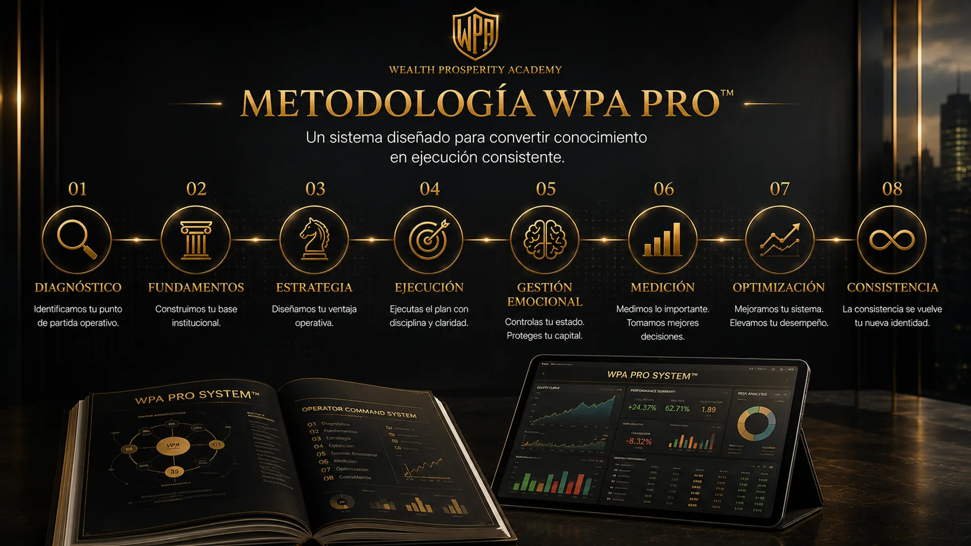 Metodología WPA PRO™ — Timeline horizontal de 8 pasos: 01 Diagnóstico, 02 Fundamentos, 03 Estrategia, 04 Ejecución, 05 Gestión Emocional, 06 Medición, 07 Optimización, 08 Consistencia. Manual WPA PRO SYSTEM y dashboard tablet en escritorio institucional.