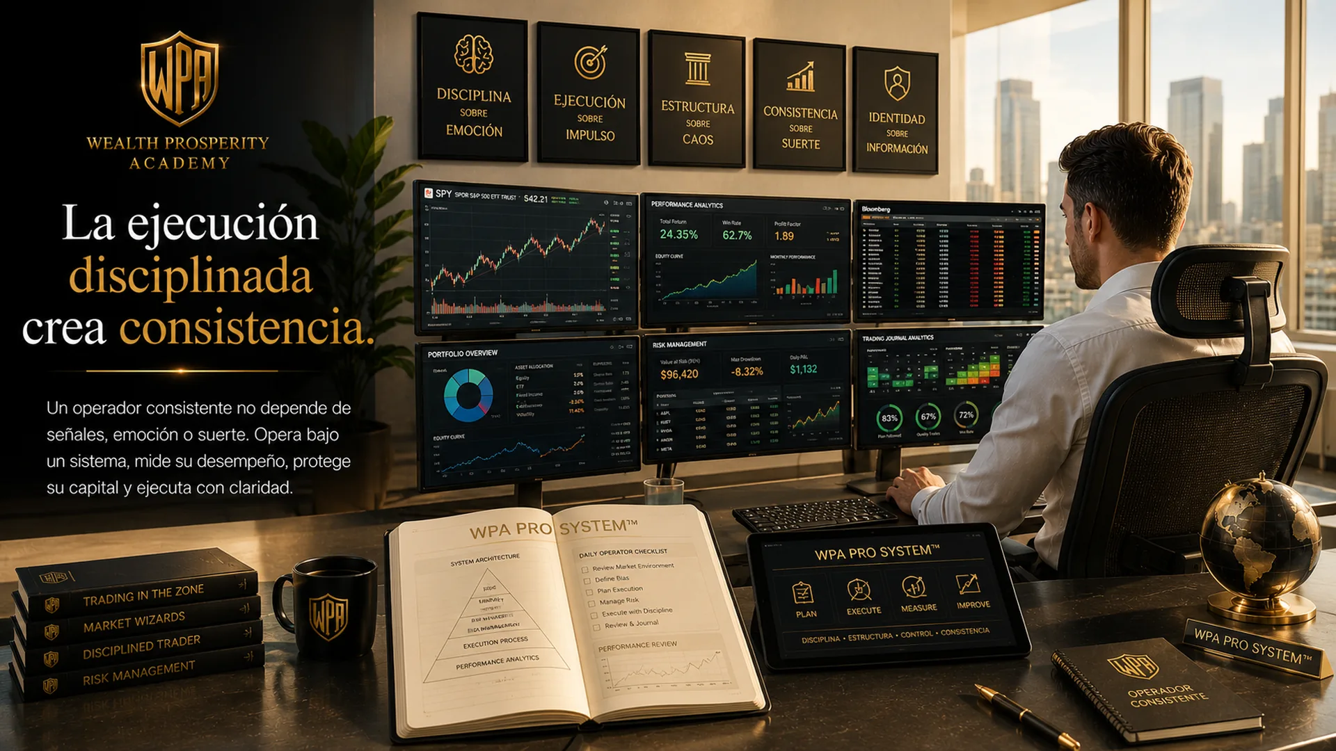 Operador WPA en su workspace institucional: cinco posters de los pilares (Disciplina sobre Emoción, Ejecución sobre Impulso, Estructura sobre Caos, Consistencia sobre Suerte, Identidad sobre Información), seis monitores con análisis de mercado y métricas de performance, libros y materiales WPA PRO SYSTEM en el escritorio.